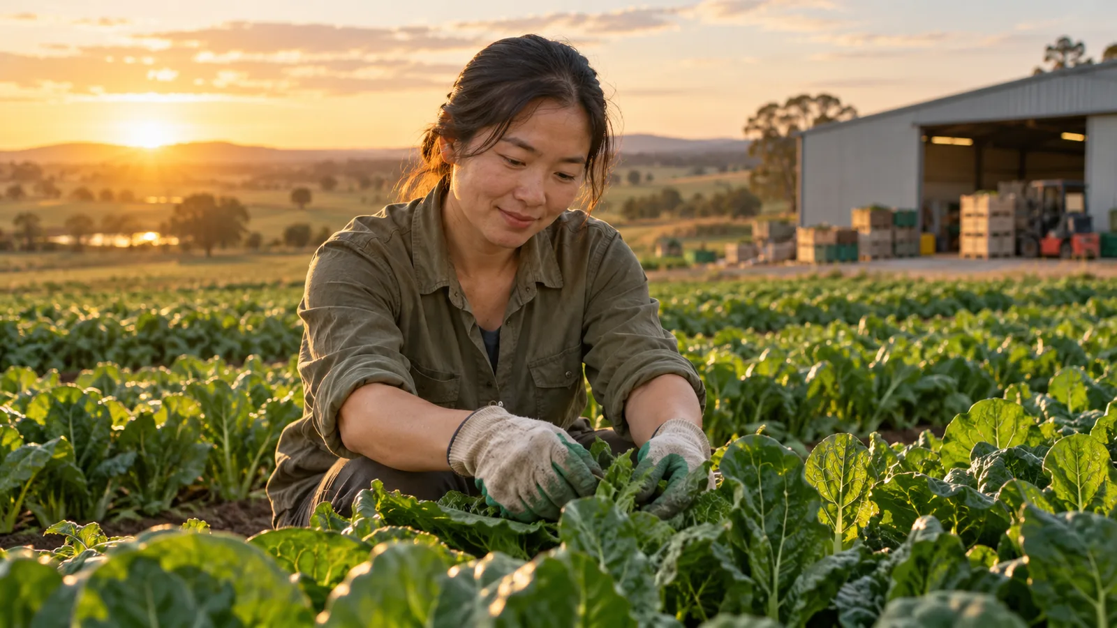 A Vietnamese farm worker tends leafy crops at golden hour on an Australian farm, with a packing shed behind her.