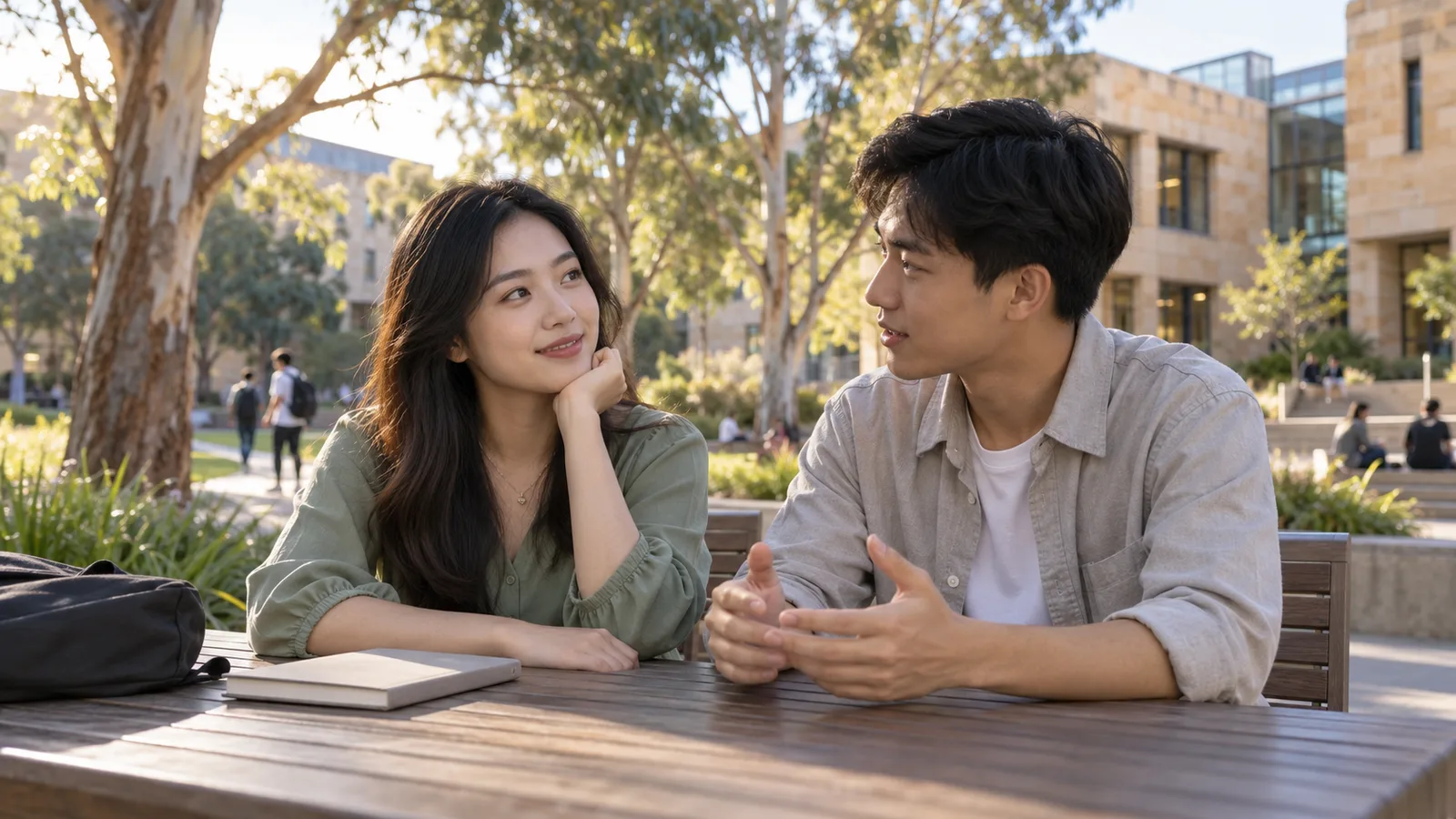Two Vietnamese students talk at an outdoor table in a sunlit Australian university courtyard.
