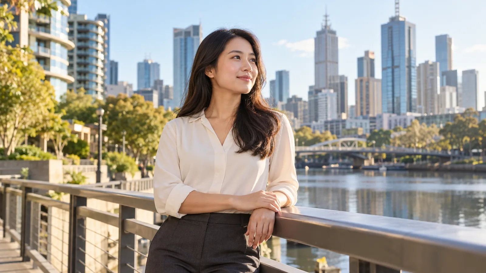 A Vietnamese professional stands by a sunlit Melbourne riverfront, with homes and office towers behind her.
