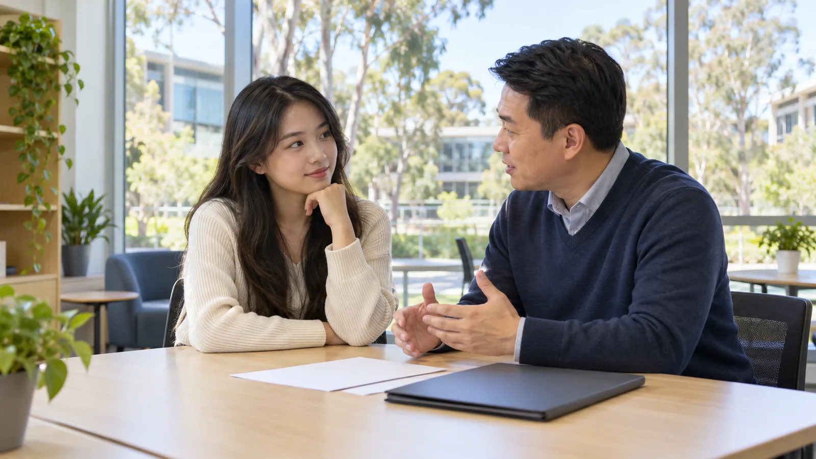 A Vietnamese student discusses course transfer plans with an adviser in a bright Australian university office.