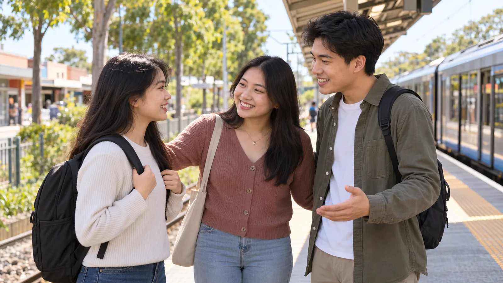 A Vietnamese woman with a backpack is welcomed by two friends at a sunny Australian train station.