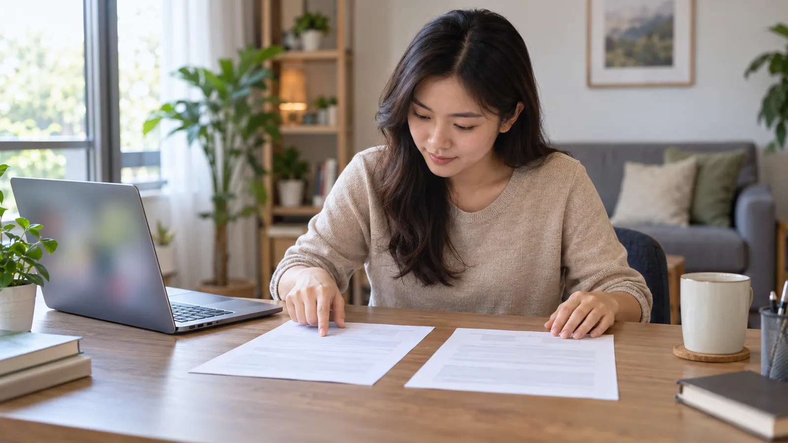 A Vietnamese professional compares two documents at a home desk beside an open laptop.