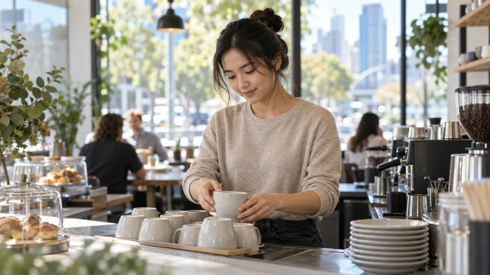 A Vietnamese graduate arranges ceramic cups while working behind the counter of a sunlit Australian café.